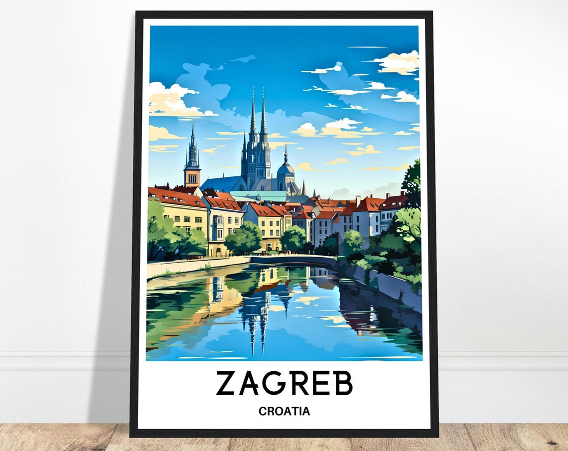 Zagreb Croatia Cathedral River Scenic Old Town Travel Poster
