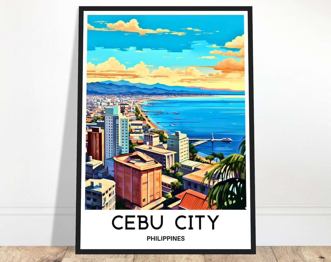 Cebu City Harbor Skyline With Palm Trees at Golden Hour Travel Poster