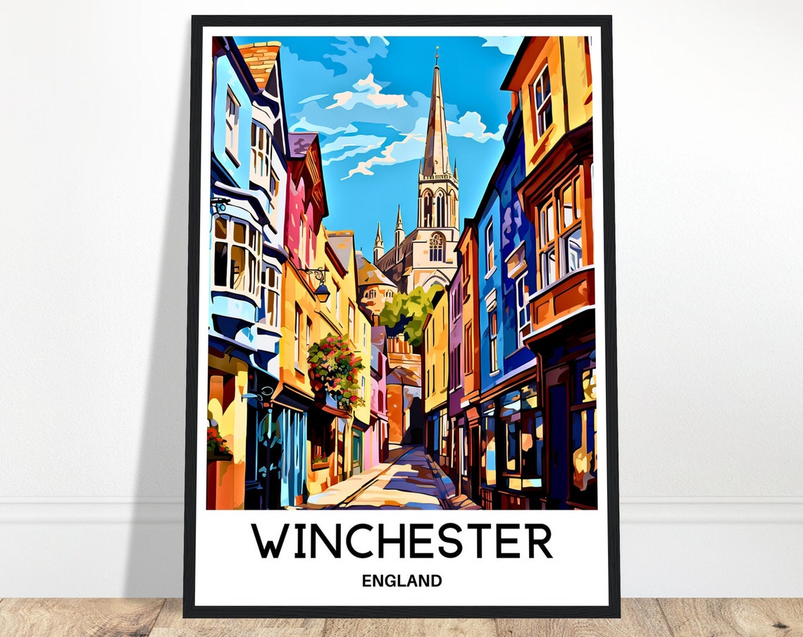 Winchester Cathedral Spire Over Colorful Old Town Street Poster