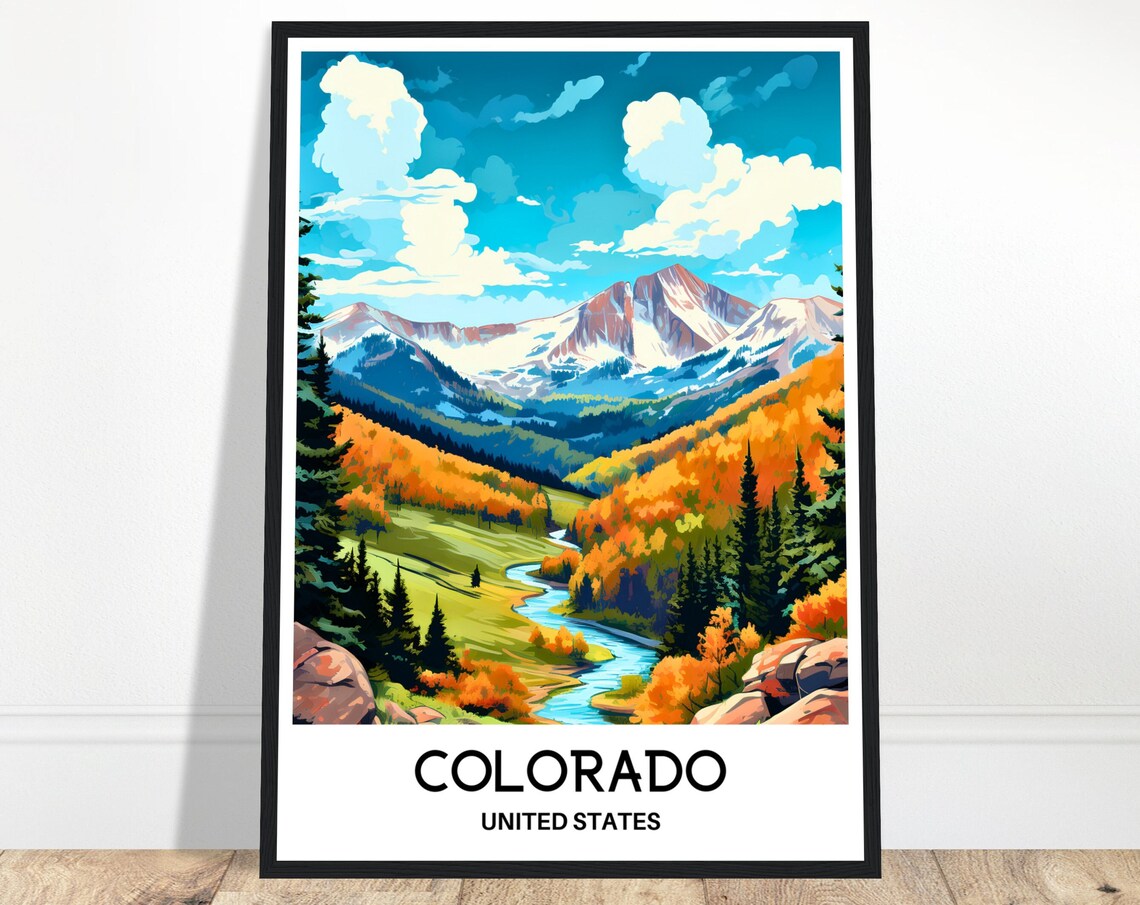 Colorado United States Travel Poster Autumn Mountain Valley River Artwork