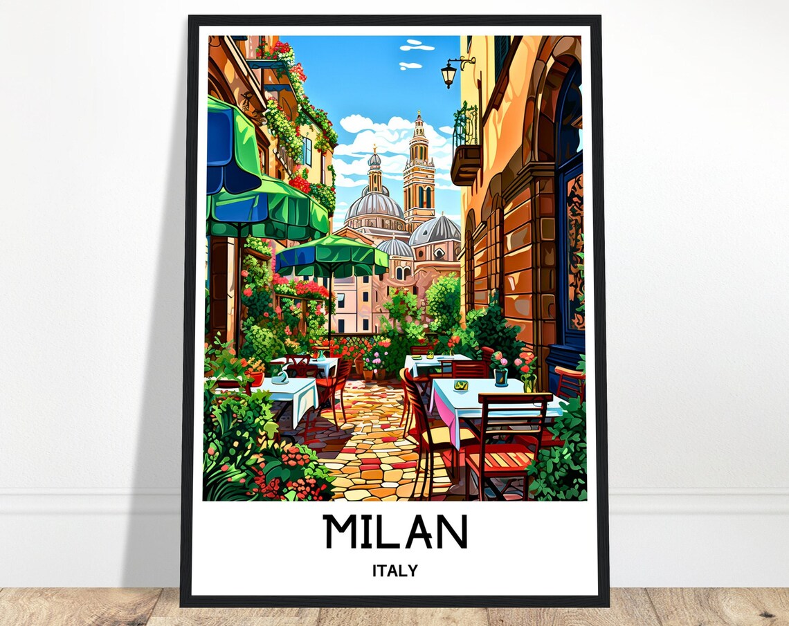 Milan Italy Cafe Terrace Flower Filled Alley Duomo View Poster