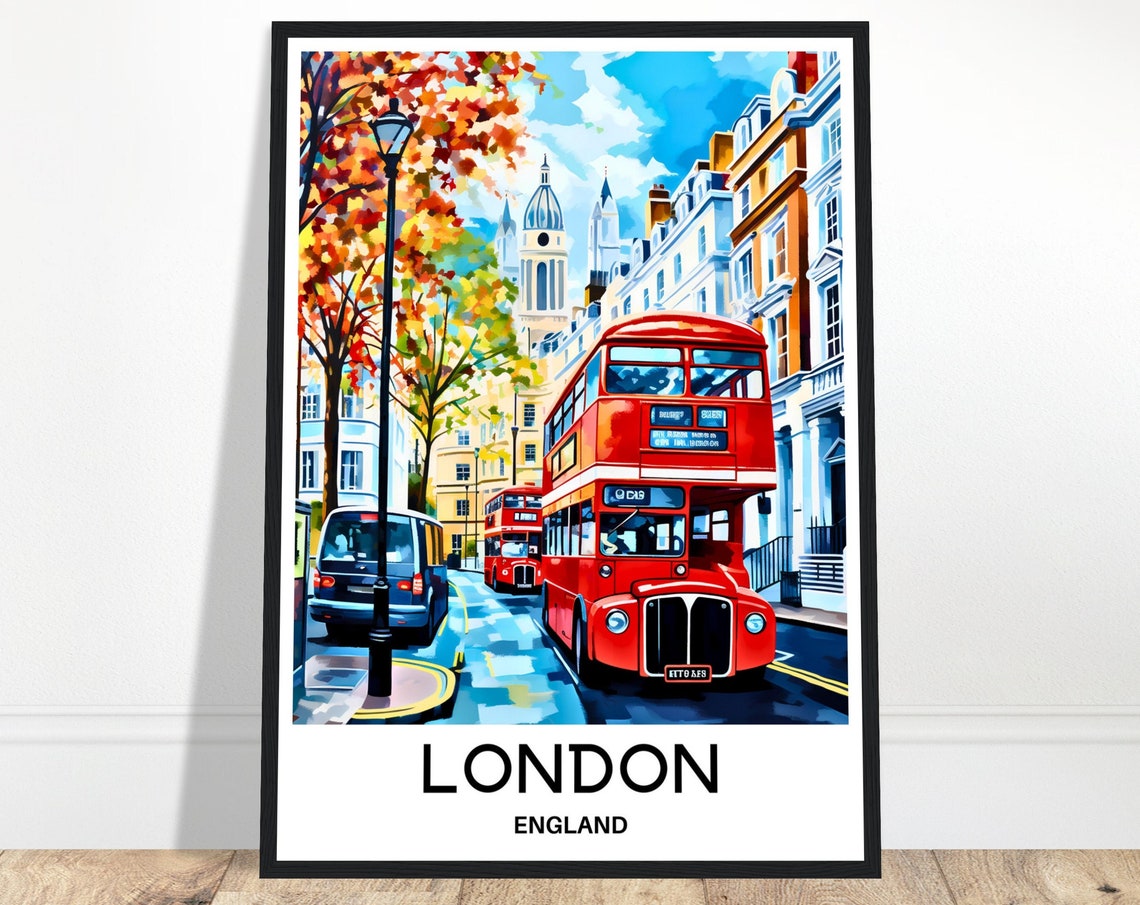 London England Red Double Decker Bus on Autumn Street Poster