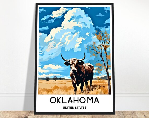 Oklahoma United States Travel Poster Longhorn Prairie Illustration