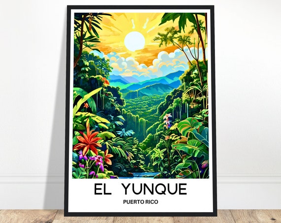 El Yunque Rainforest Travel Print Poster Caribbean Art Puerto Rico Lover Gift Wall Hanging Home Decor Illustration