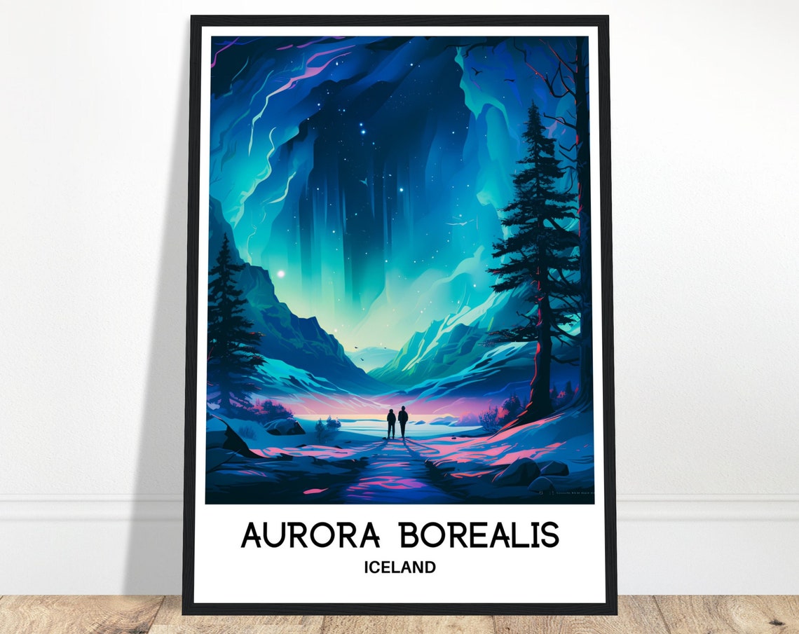 Aurora Borealis Iceland Northern Lights Snowy Valley Travel Poster