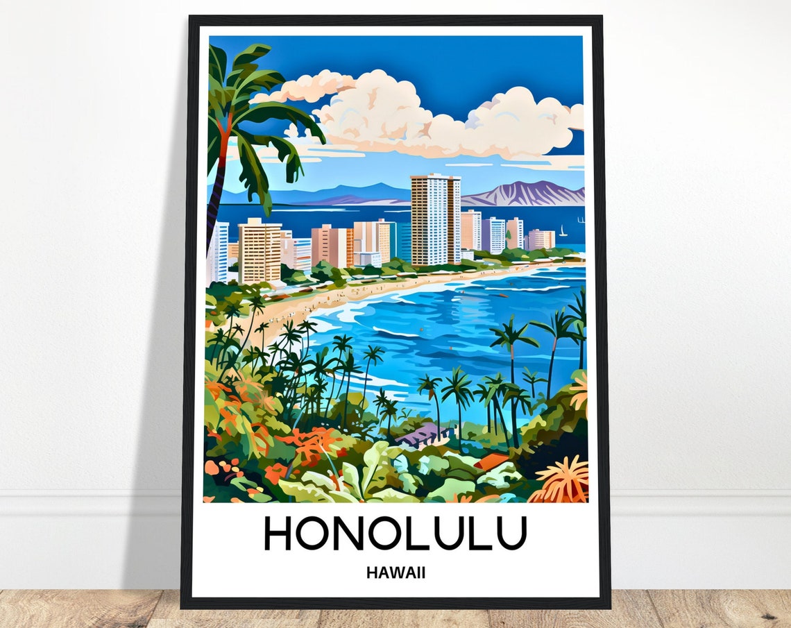 Honolulu Hawaii Waikiki Beach City Skyline Ocean Travel Poster