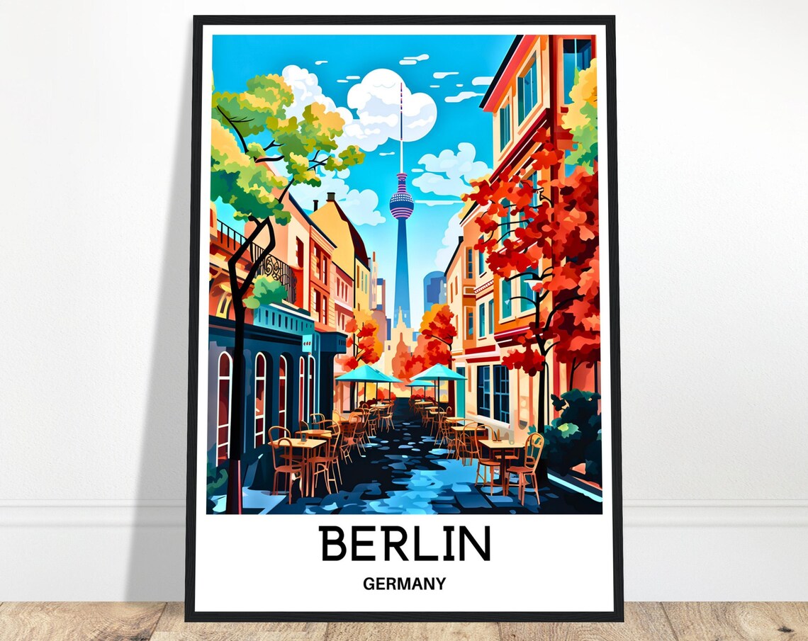 Berlin Germany Street Cafes With Fernsehturm Tower Travel Poster