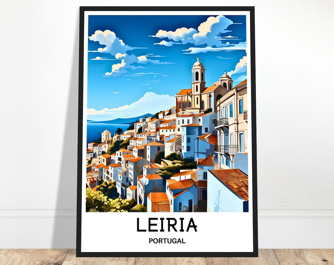 Leiria Portugal Hilltop Old Town Church Towers Travel Art Poster