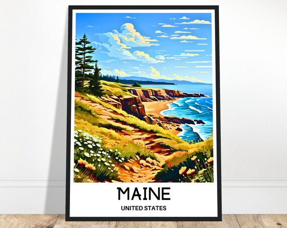 Maine Travel Print Poster Art Lover Gift Wall Hanging Home Office Desk Decor Illustration
