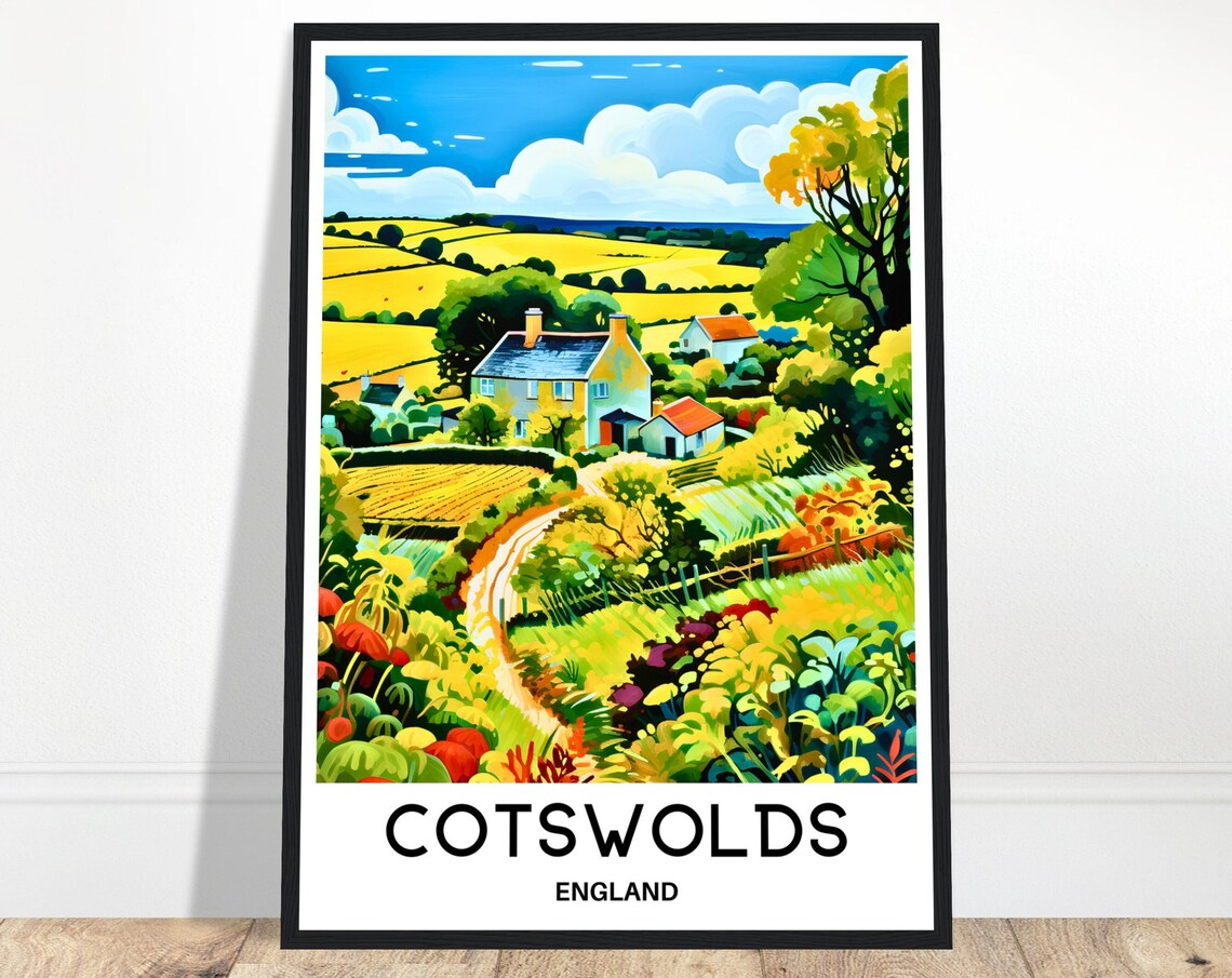 Cotswolds England Farmhouse Fields Rolling Countryside Travel Poster