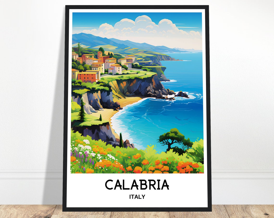 Calabria Italy Coastal Cliffs Seaside Village Blue Sea Travel Poster