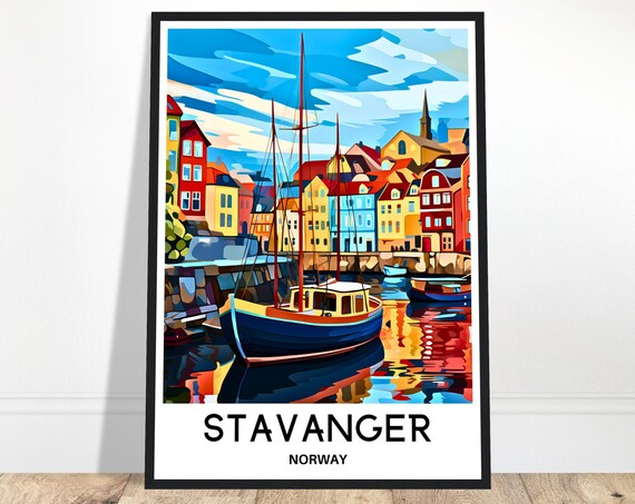 Stavanger Norway Colorful Harbor Boats Daytime Travel Poster