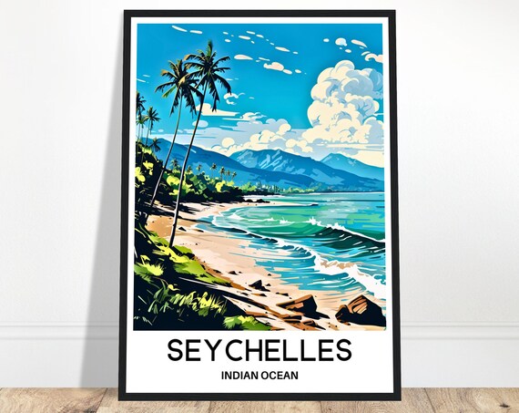 Seychelles Indian Ocean Palm Beach Turquoise Vintage Travel Poster