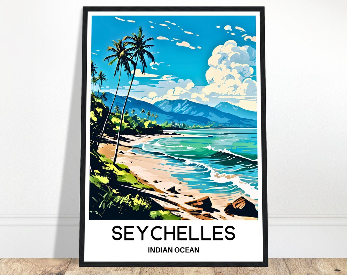 Seychelles Indian Ocean Palm Beach Turquoise Vintage Travel Poster