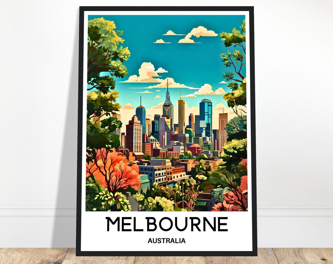 Melbourne Australia Skyline From Lush Park Gardens Travel Poster