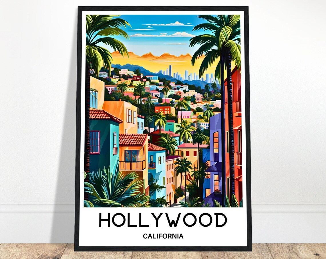 Hollywood California Travel Poster Sunset Hillside Cityscape with Palm Trees