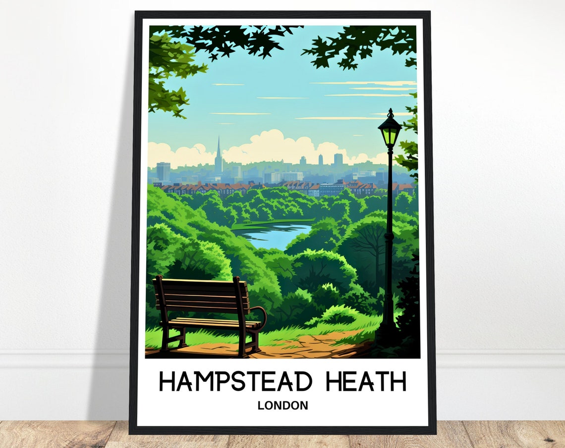 Hampstead Heath London Park Bench City Skyline Travel Poster