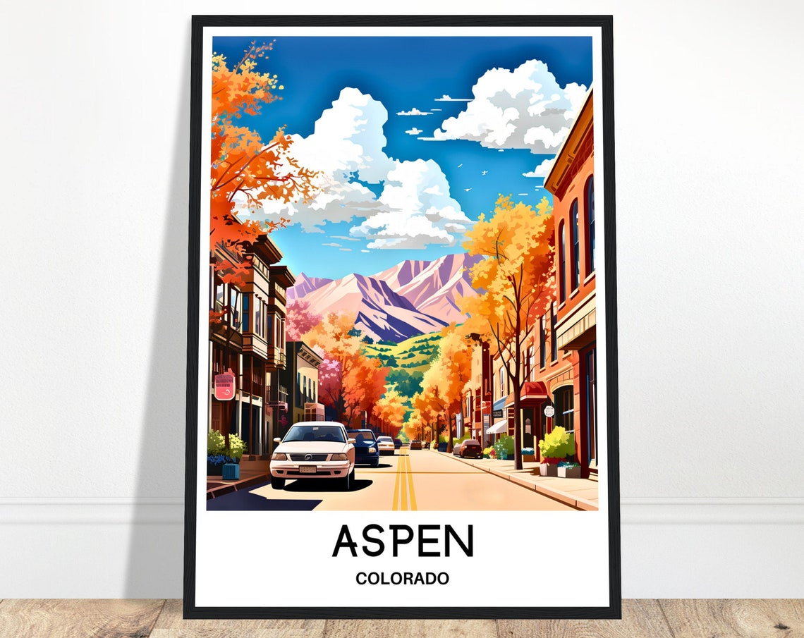 Aspen Colorado Downtown Street Fall Foliage Mountain View Travel Poster
