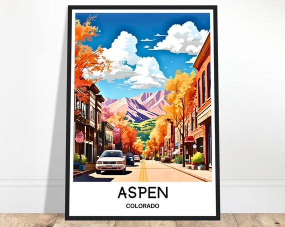 Aspen Colorado Downtown Street Fall Foliage Mountain View Travel Poster