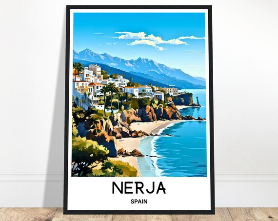 Nerja Travel Print Poster Spanish Art Spain Lover Gift Wall Hanging Home Office Desk Decor Town Illustration