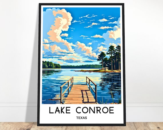 Lake Conroe Texas Lakeside Dock Bright Blue Sky Travel Poster