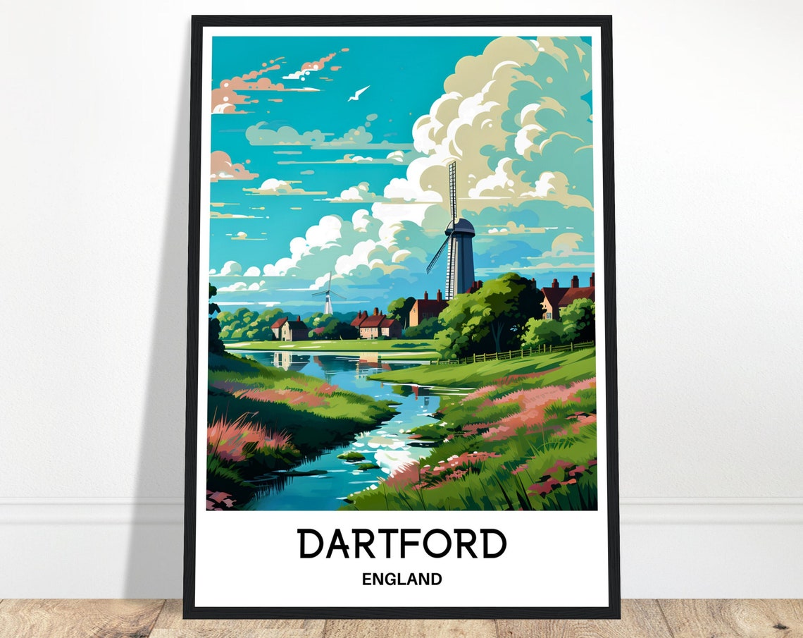 Dartford England Windmill River Green Countryside Travel Poster