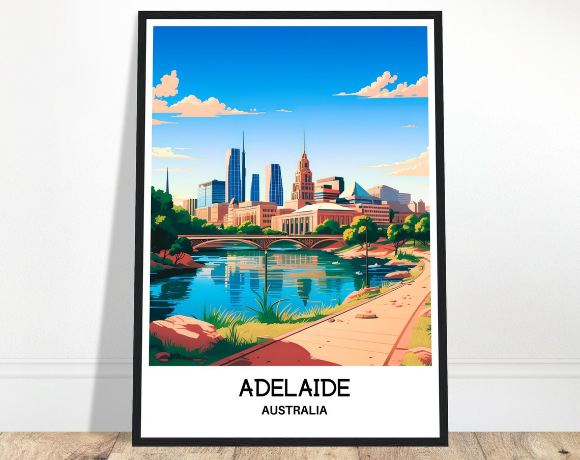 Adelaide Australia Riverfront City Skyline View Travel Poster