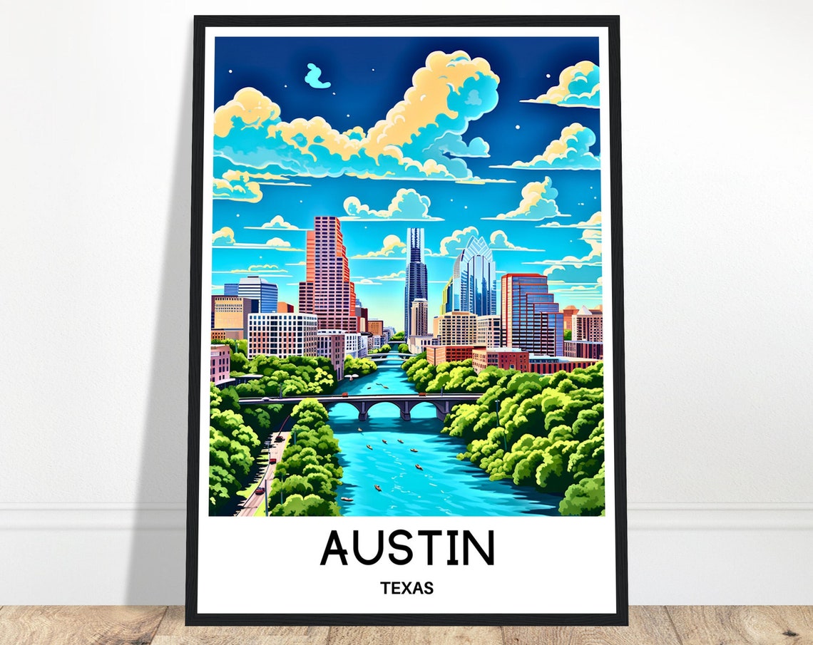 Austin Texas Skyline River Bridge Travel Illustration Poster