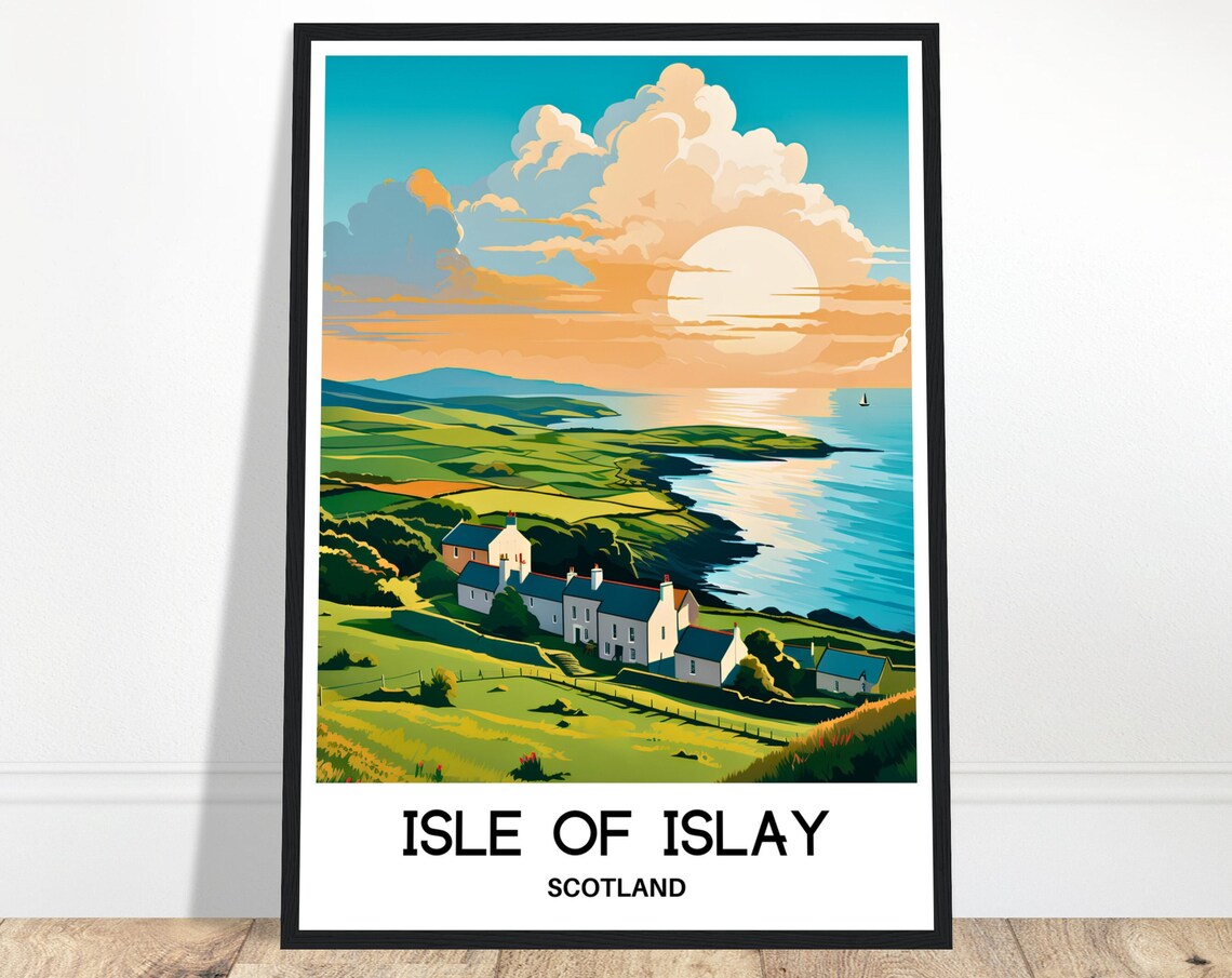 Isle of Islay Scotland Cottages Sunset Coast Sea Travel Poster