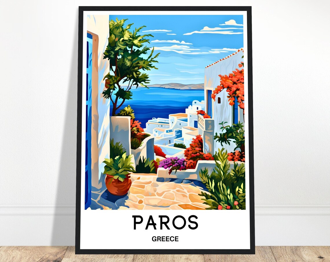 Paros Greece Bougainvillea Alley Whitewashed Houses Travel Poster