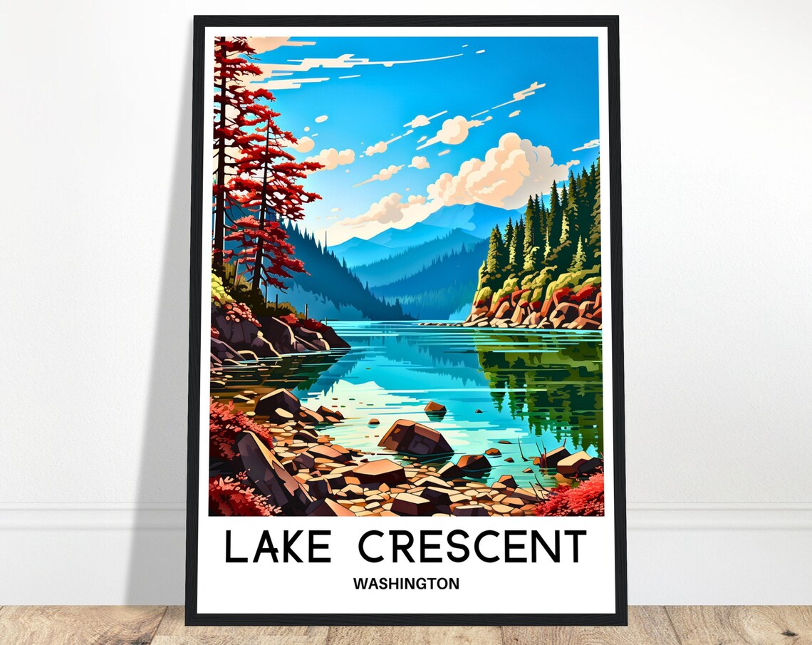 Lake Crescent Washington Forest Lakeshore Illustration Travel Poster