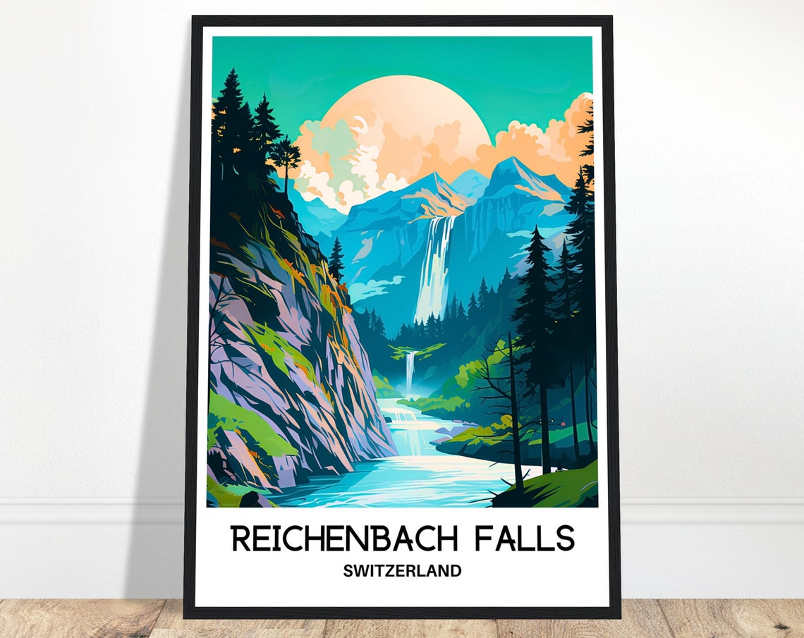 Reichenbach Falls Switzerland Alpine Waterfall Forest Travel Poster