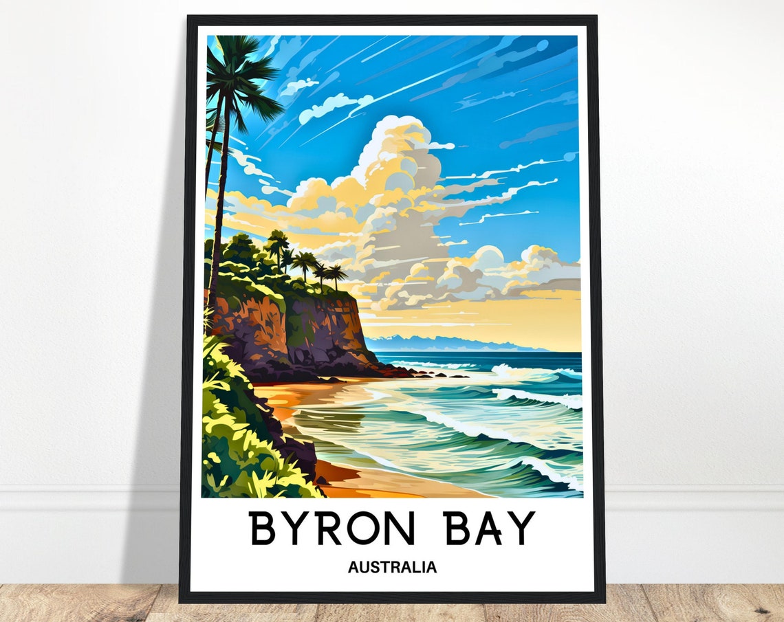 Byron Bay Australia Beach Palm Cliffs Turquoise Surf Travel Poster