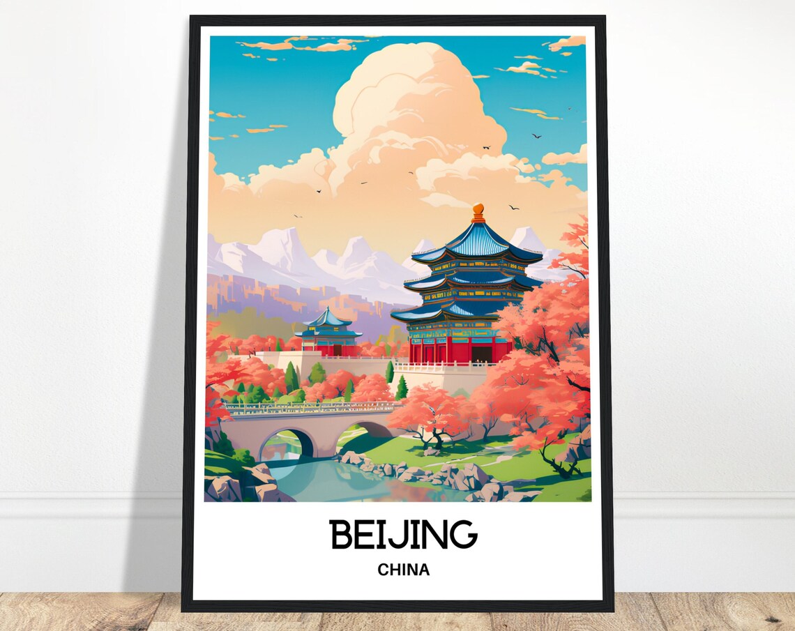 Beijing China Blue Temple Autumn Garden Foliage Travel Poster