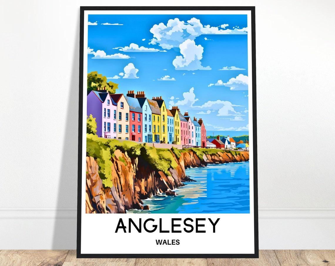 Anglesey Wales Colorful Cliffside Houses Above Blue Sea Poster