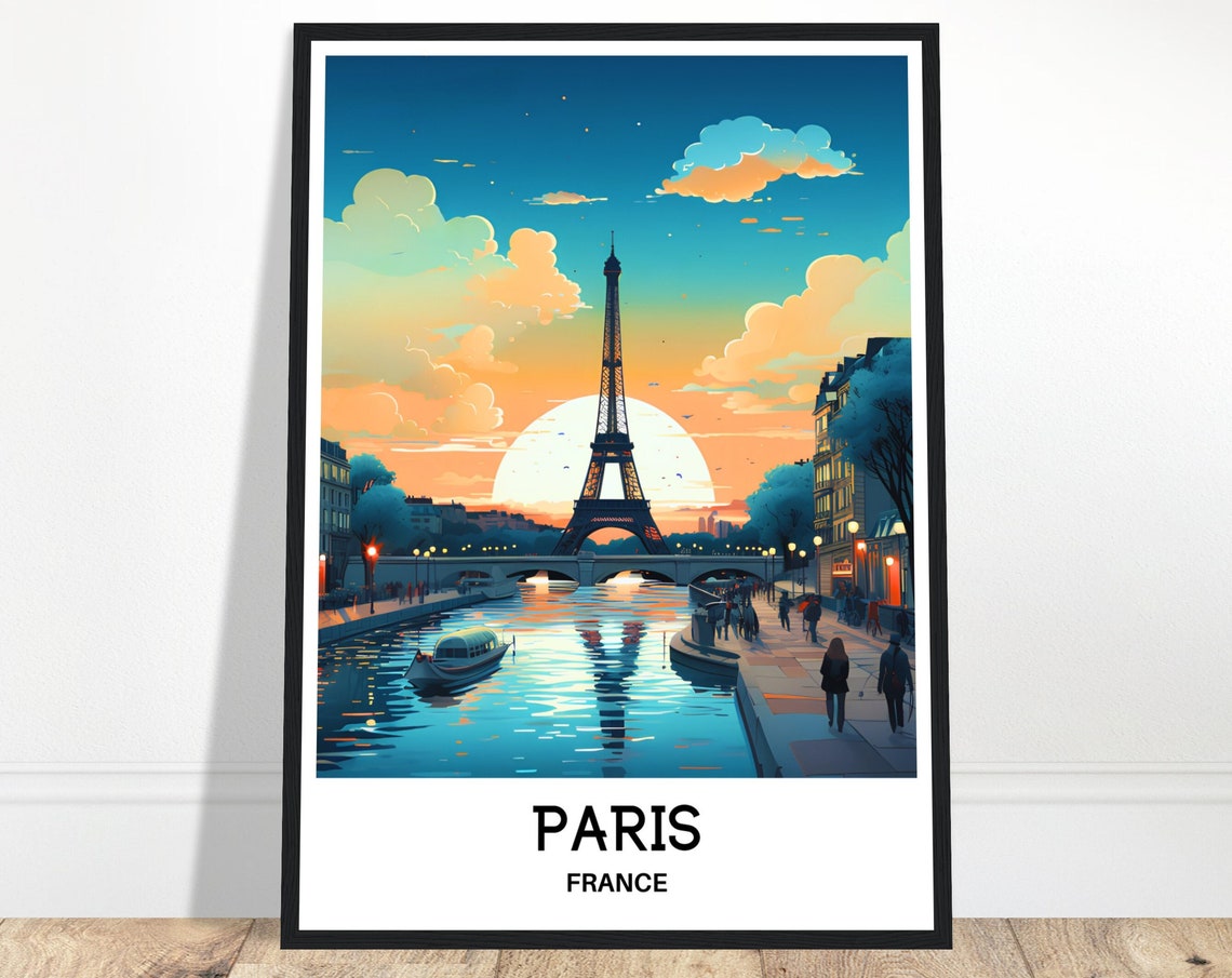 Paris Eiffel Tower Sunset Seine River Romantic Travel Poster