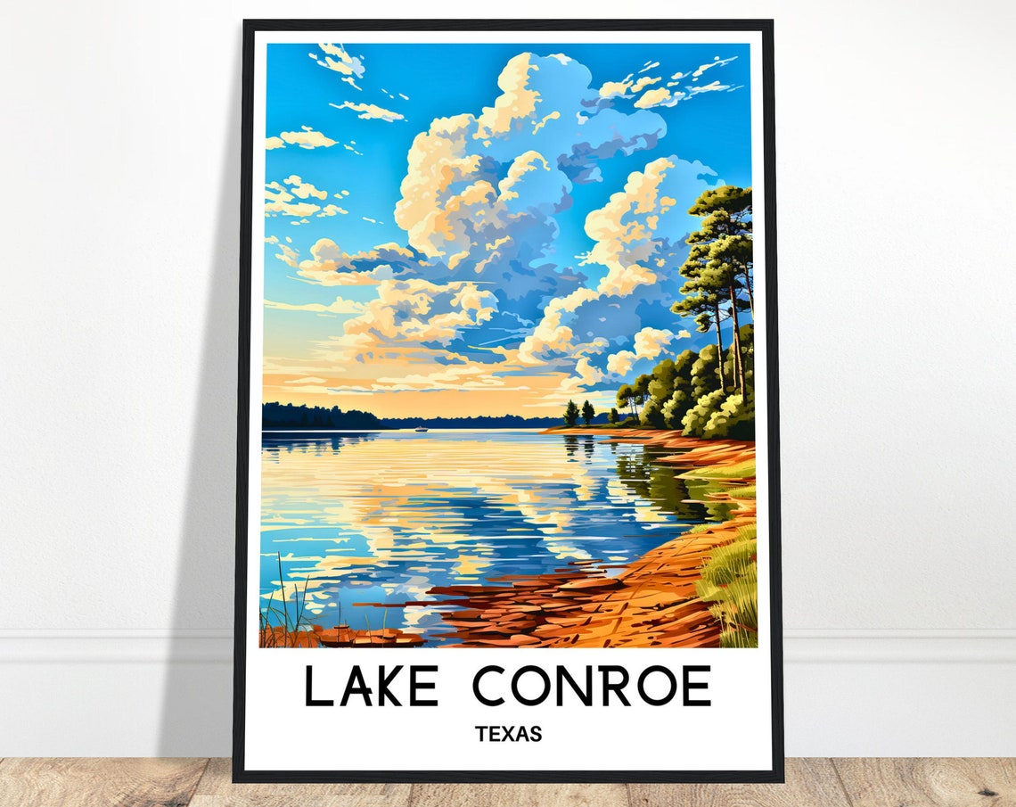 Lake Conroe Texas Golden Sunset Over Calm Water Travel Poster