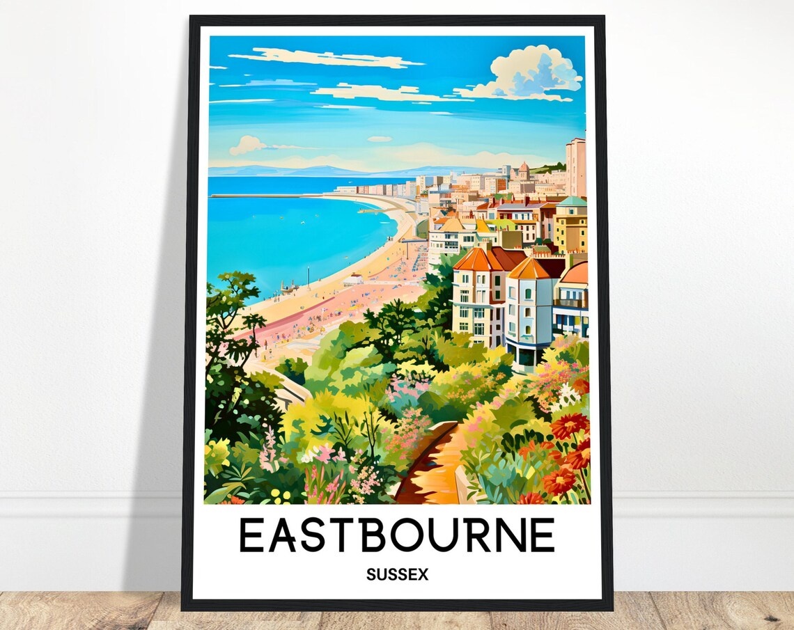 Eastbourne Sussex Seafront Beach Hotels Coastal England Travel Poster