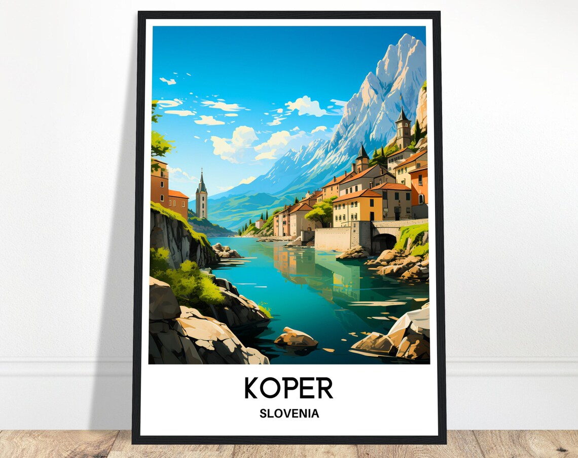 Koper Slovenia Coastal Town Mountain Lake Vintage Travel Poster