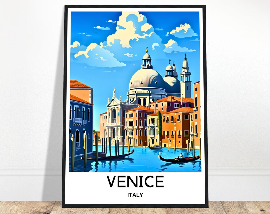 Venice Italy Grand Canal Gondolas Basilica Travel Illustration Poster