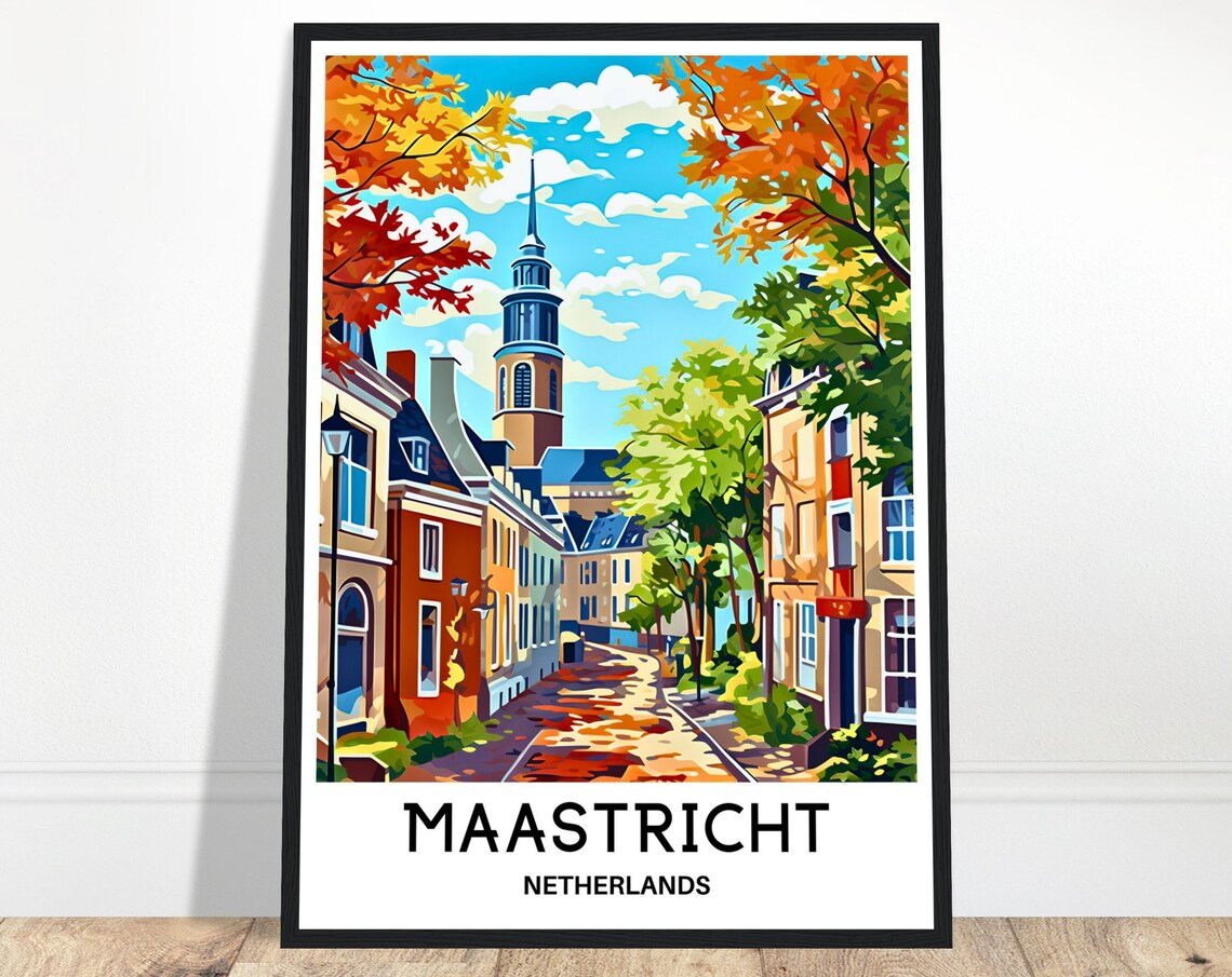 Maastricht Netherlands Autumn Street Church Tower Travel Poster