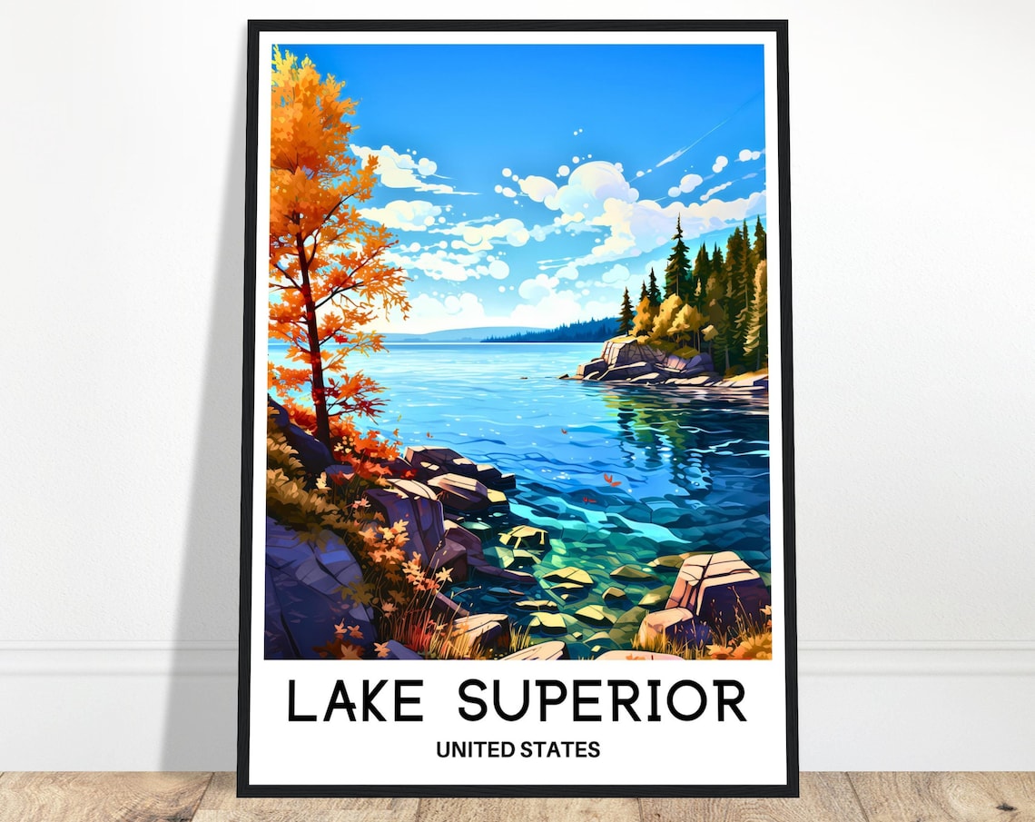 Lake Superior Autumn Rocky Shore Great Lakes Fall Travel Poster
