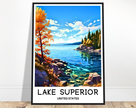 Lake Superior Travel Print Poster Art America Lover Gift Wall Hanging Home Decor North Illustration