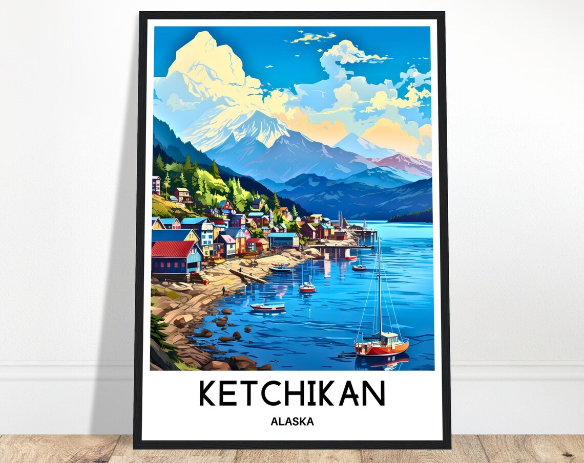 Ketchikan Alaska Colorful Fishing Town Harbor Mountain Travel Poster