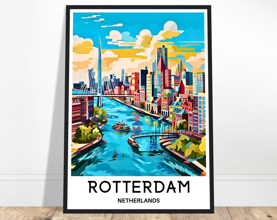 Rotterdam Netherlands Erasmus Bridge Skyline Harbor Travel Poster