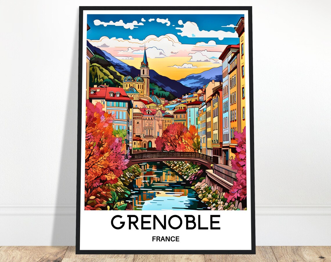 Grenoble France Autumn River Bridge Historic Old Town Poster