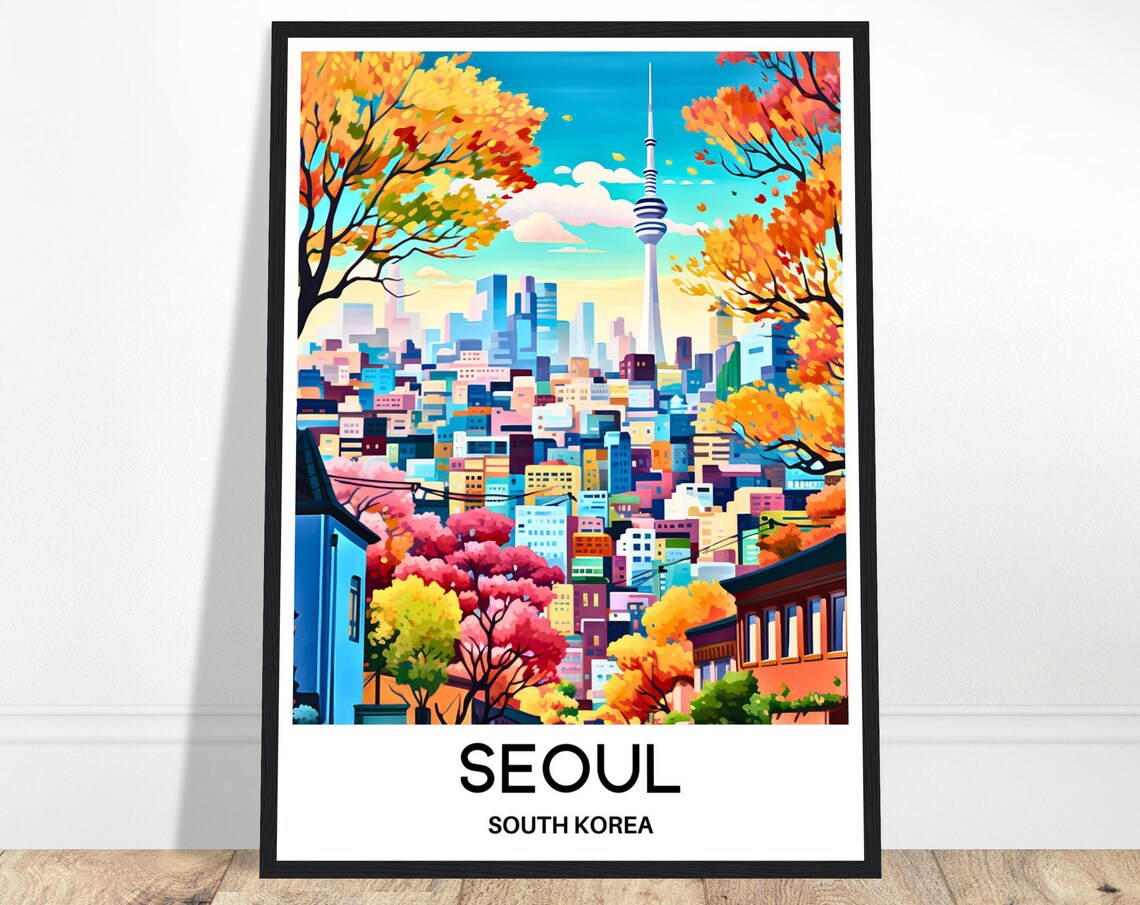 Seoul N Seoul Tower Autumn Foliage South Korea Cityscape Travel Poster