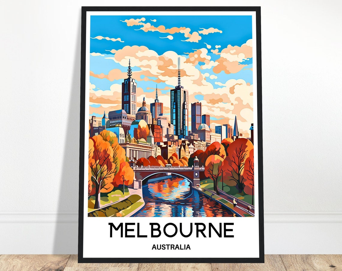 Melbourne Australia Bridge River Skyline Autumn Trees Travel Poster