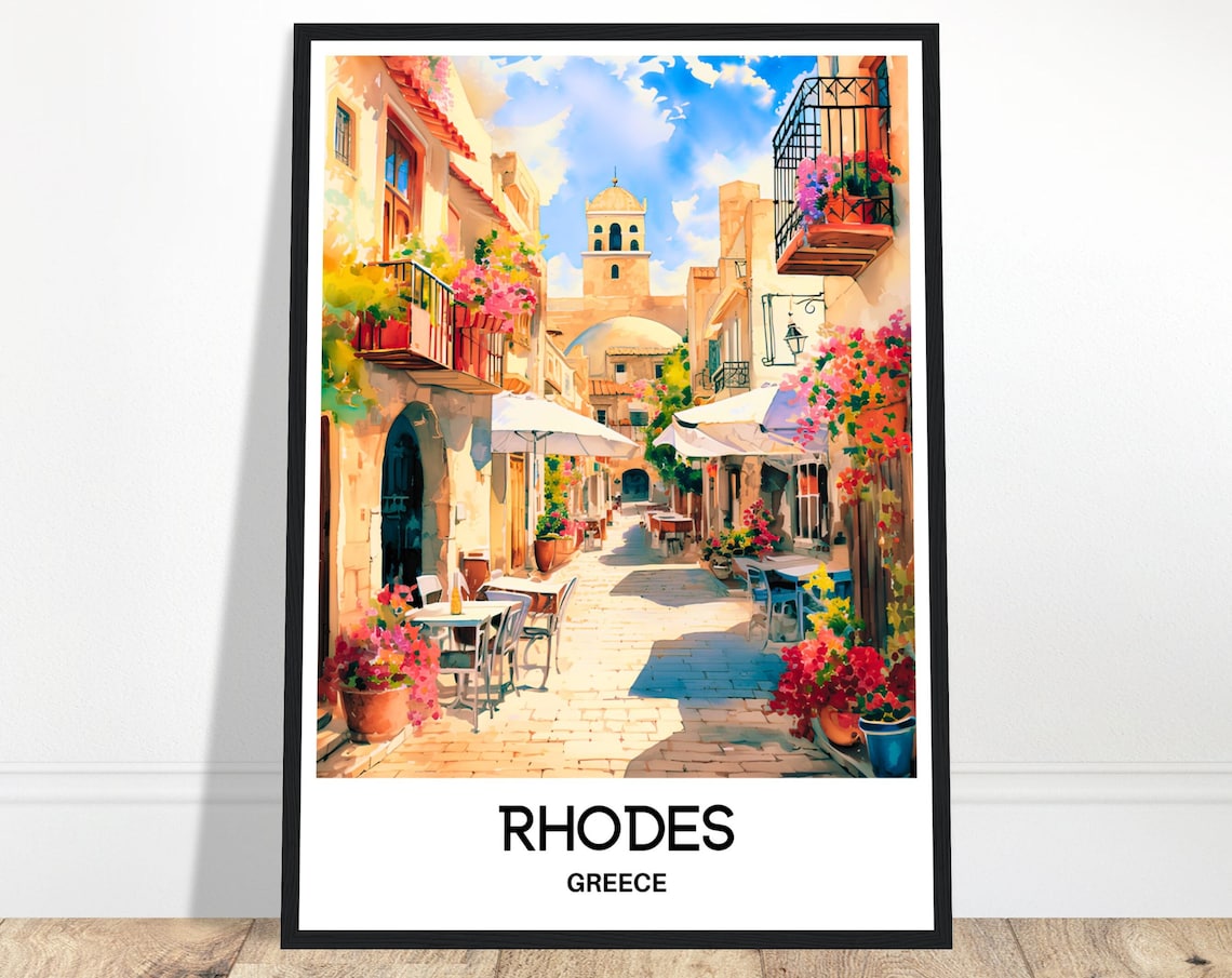 Rhodes Watercolor Travel Poster, Greek Island Art Print
