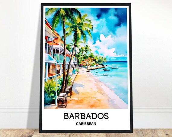 Barbados Caribbean Palm Beach and Turquoise Sea Watercolor Travel Poster